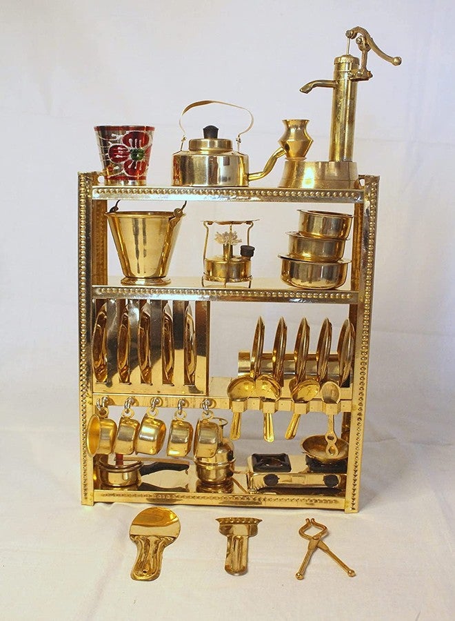 Tirtha Enterprises Handcrafted Brass Miniature Kitchen Set/Bhatukali/Toy Set/Home Decor/choppu Jaman/Real Cooking Kit for Play with Brass Stand (Gold 7) - Image 1